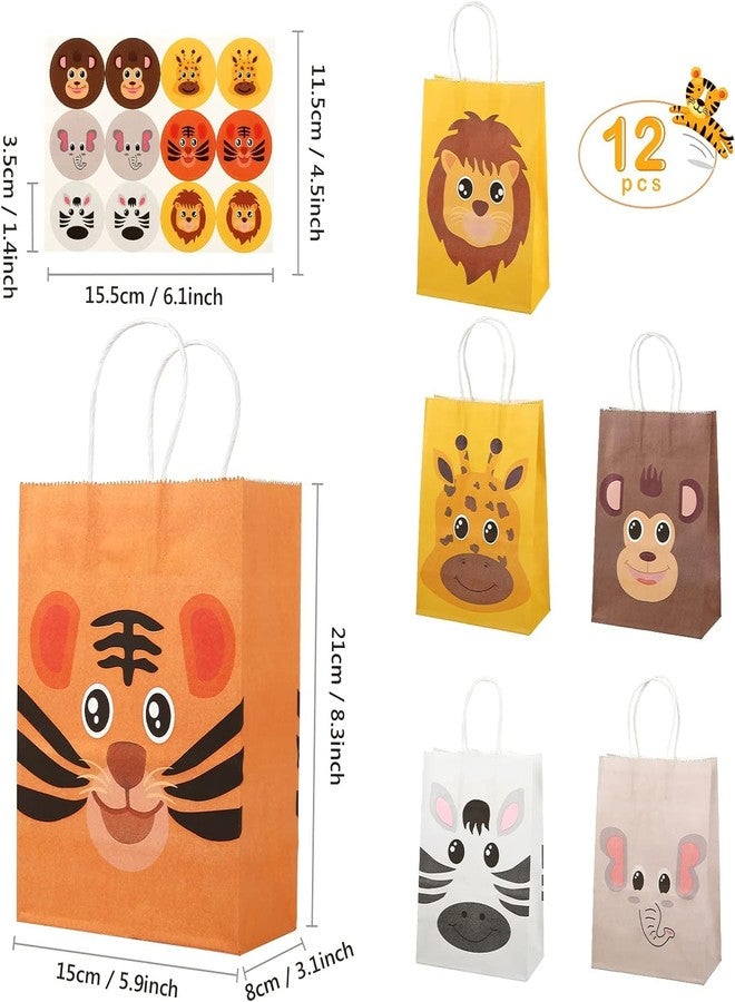 BeFunky 12 Pack Jungle Animal Themed Candy Goodie Gift Bags, Kraft Paper Treat Bags with Handles for Baby Shower Kids Birthday Party Safari Favors - Image 3